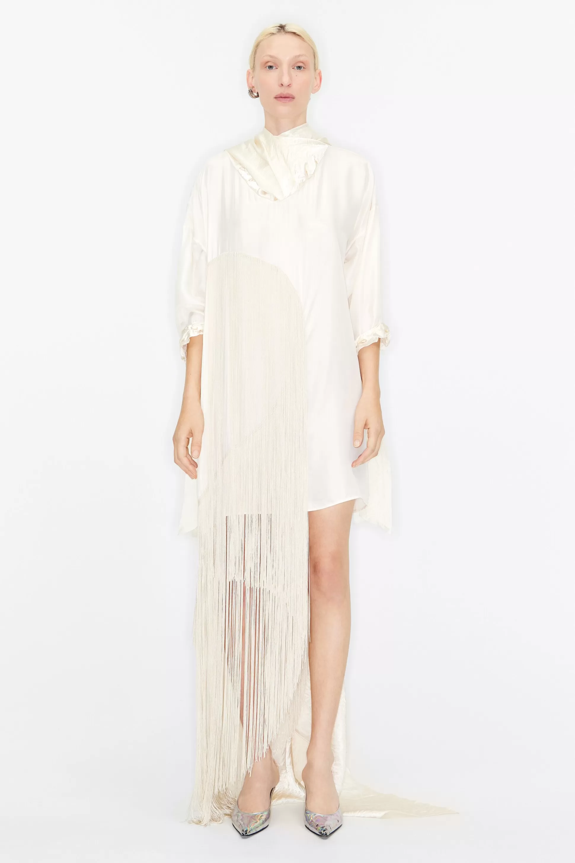 Ice gray short silk dress with maxi fringes | Bimba Y Lola Hot