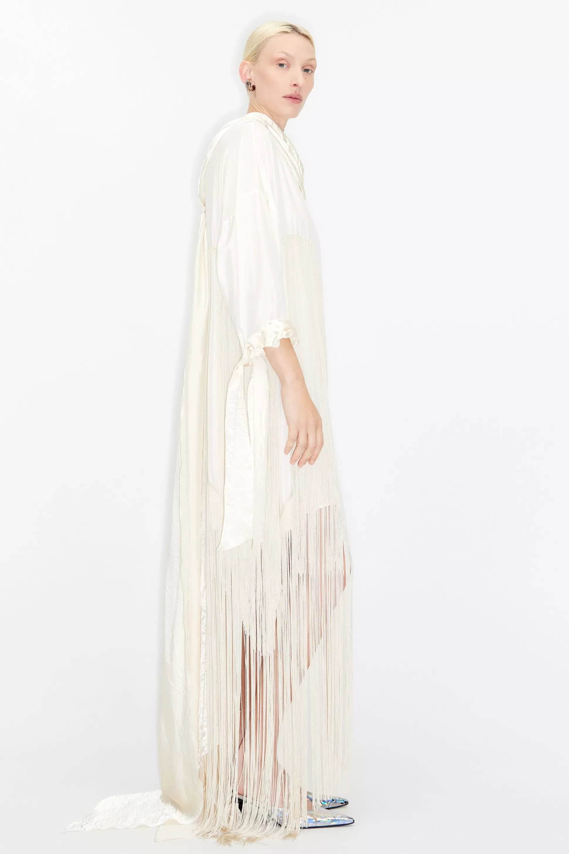 Ice gray short silk dress with maxi fringes | Bimba Y Lola Hot